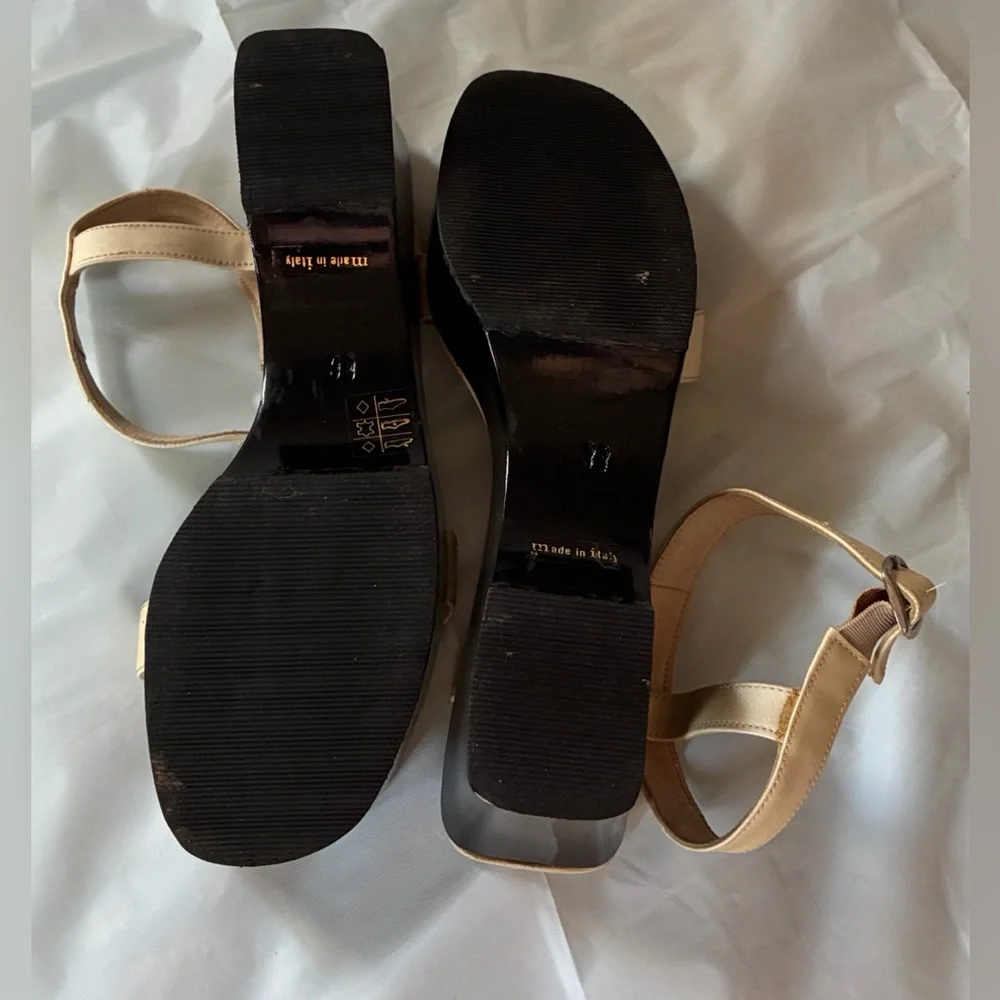 Vintage Gianni Versace Black & Cream Chunky Platform Wedge Sandals 90s Y2K